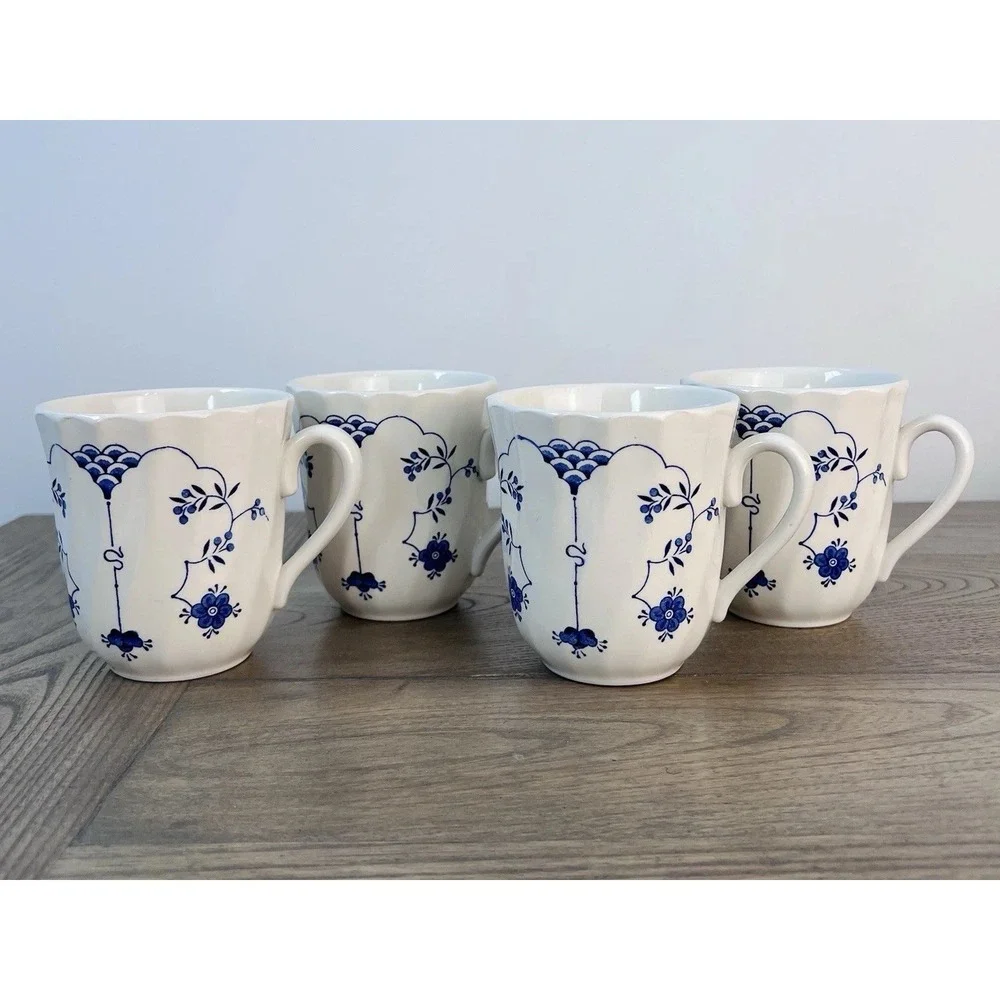 Four (4) Vintage Staffordshire Finlandia Mugs w/ Blue Flowers ~ England